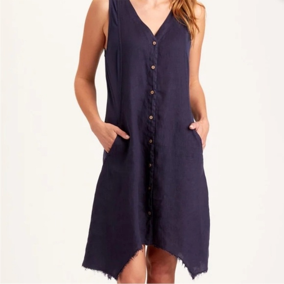 XCVI Wearables Linen Dress Sleeveless Shark Navy large lagenlook boho coastal L - Picture 1 of 14